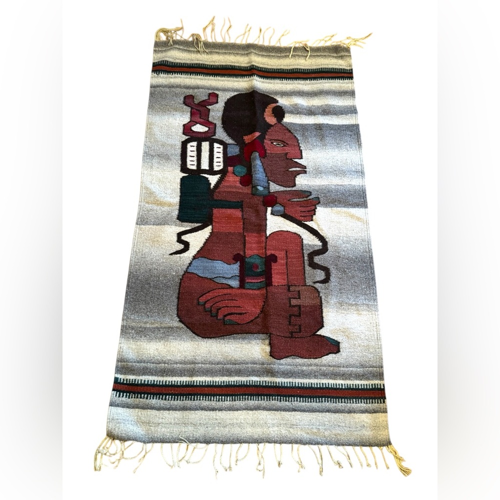 Vintage 1950s Handwoven Aztec Mayan Tapestry Carpet fringe Mexico